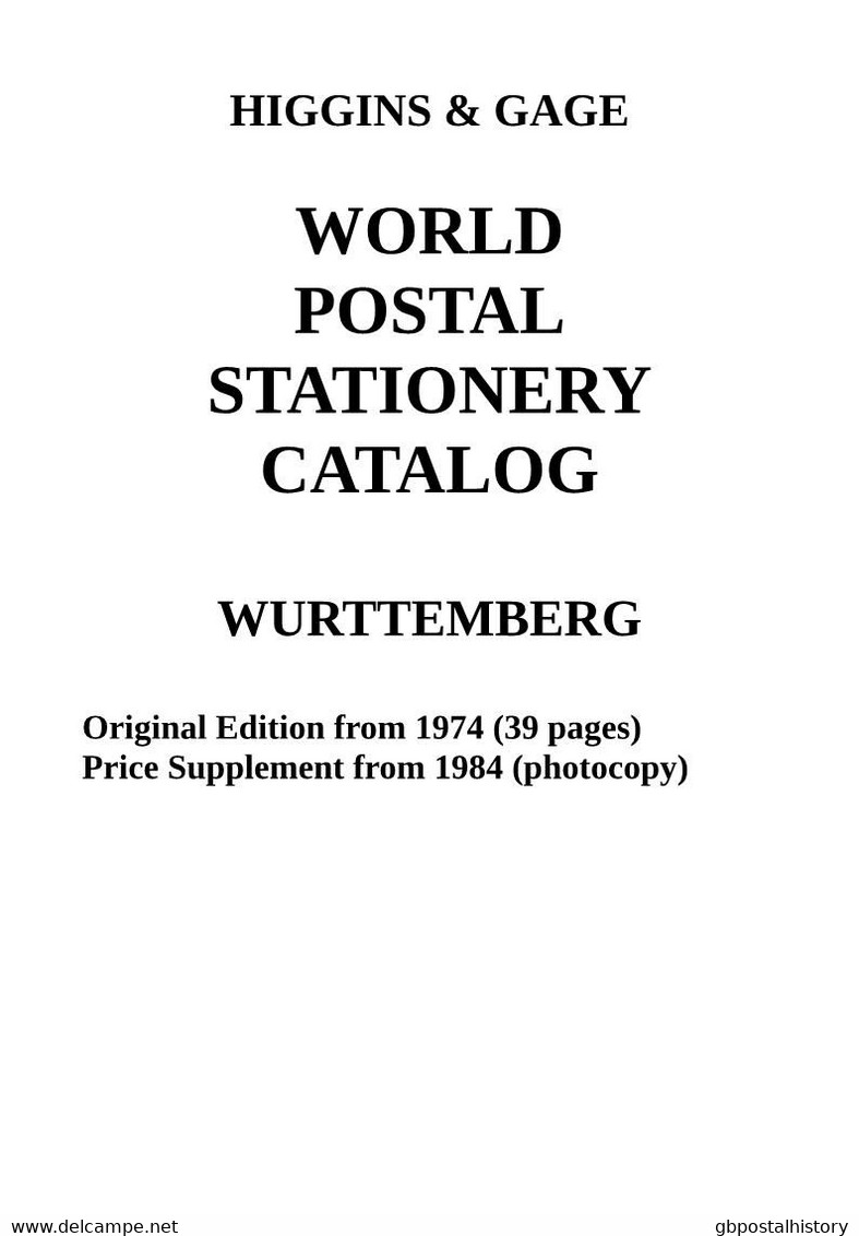 Higgins & Gage WORLD POSTAL STATIONERY CATALOG WURTTEMBERG / WÜRTTEMBERG (PDF-FILE) - Germania