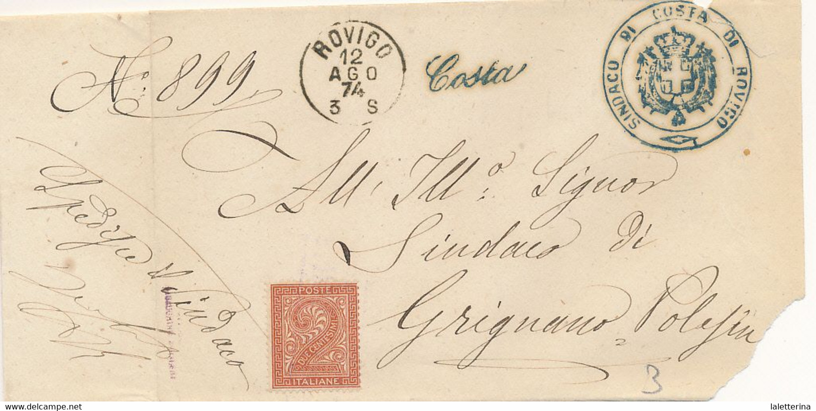 1874 COSTA ROVIGO CORSIVO DI COLLETTORIA RURALE + FIRMA SINDACO - Poststempel