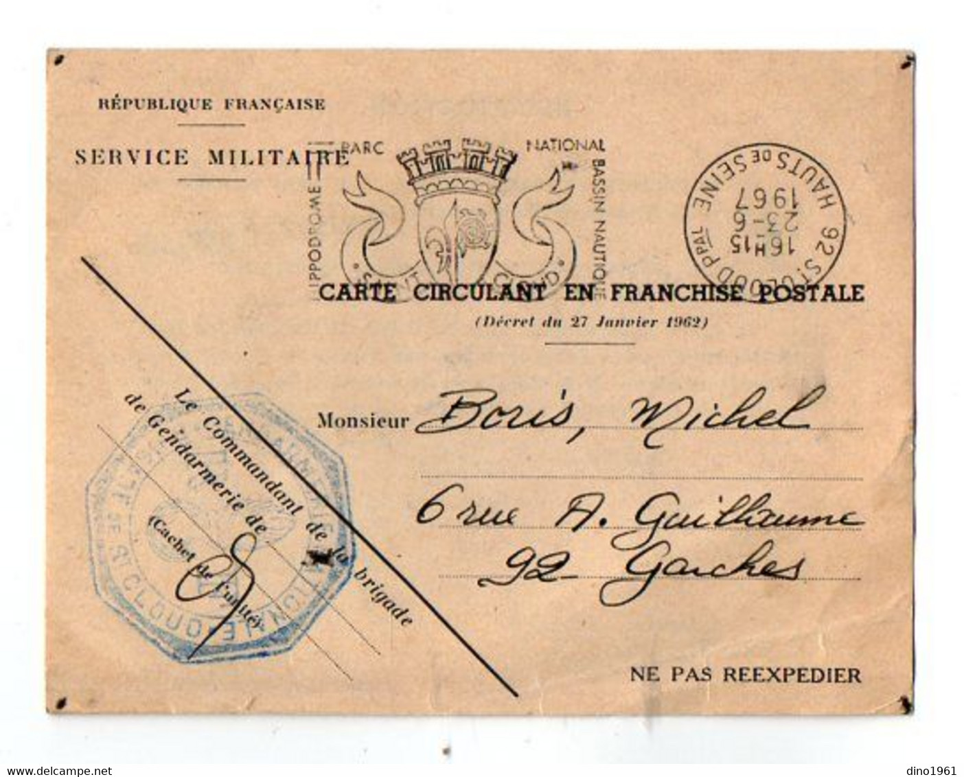 VP19.523 - 1967 - Carte En Franchise Militaire Du Commandant De Brigade De Gendarmerie De SAINT - CLOUD Pour GARCHES - Police