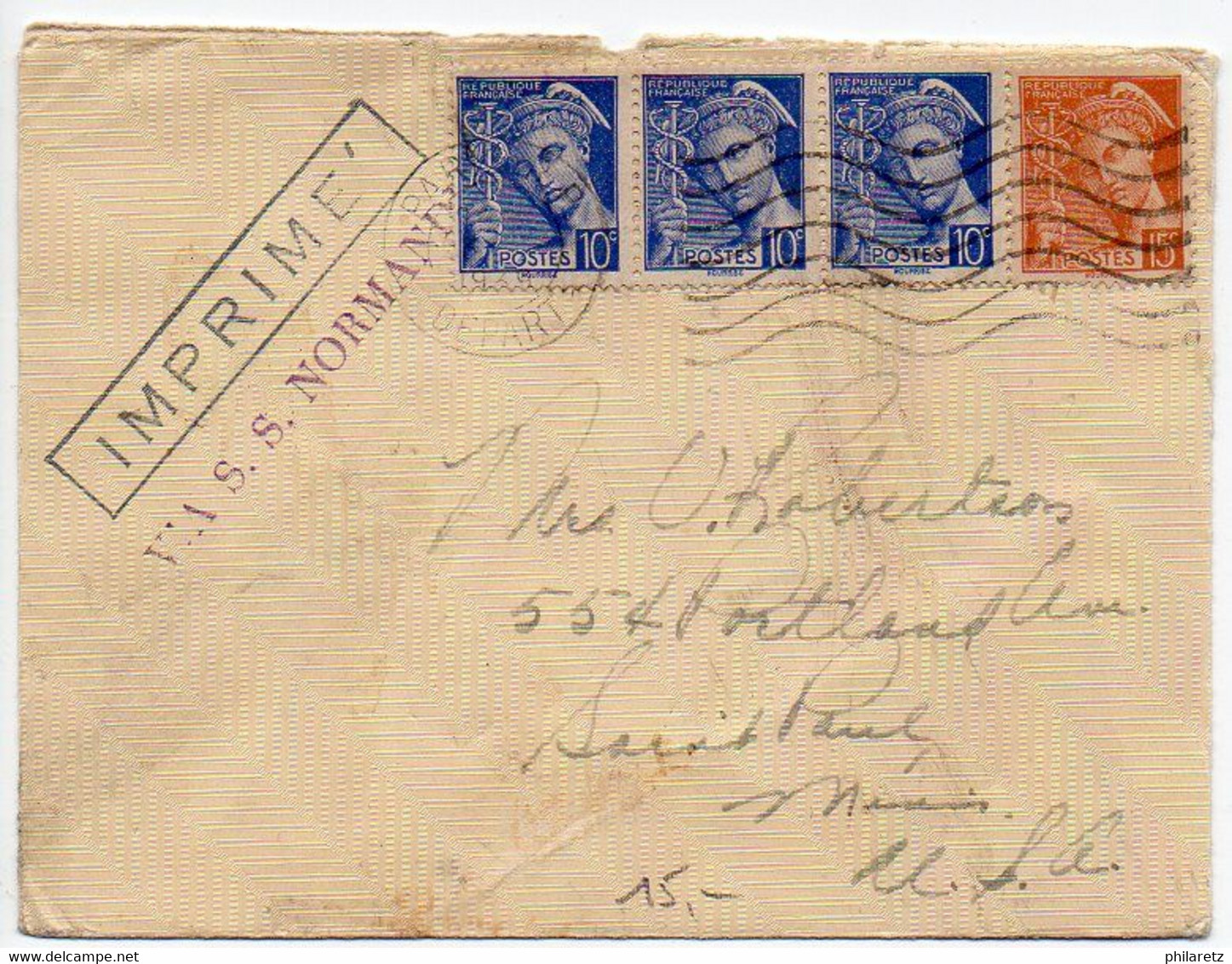 Mercure 10c X3 + 15c Sur Lettre IMPRIME (via S.S. NORMANDIE) De 1939 Pour Les ETATS-UNIS - 1921-1960: Modern Period