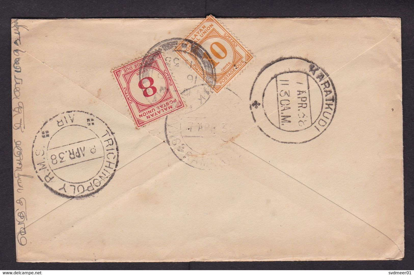 Malaysia / Malayan Postal Union: Cover, 1938, 2 Postage Due Stamps, Taxed, To Pay (minor Damage, See Scan) - Malayan Postal Union