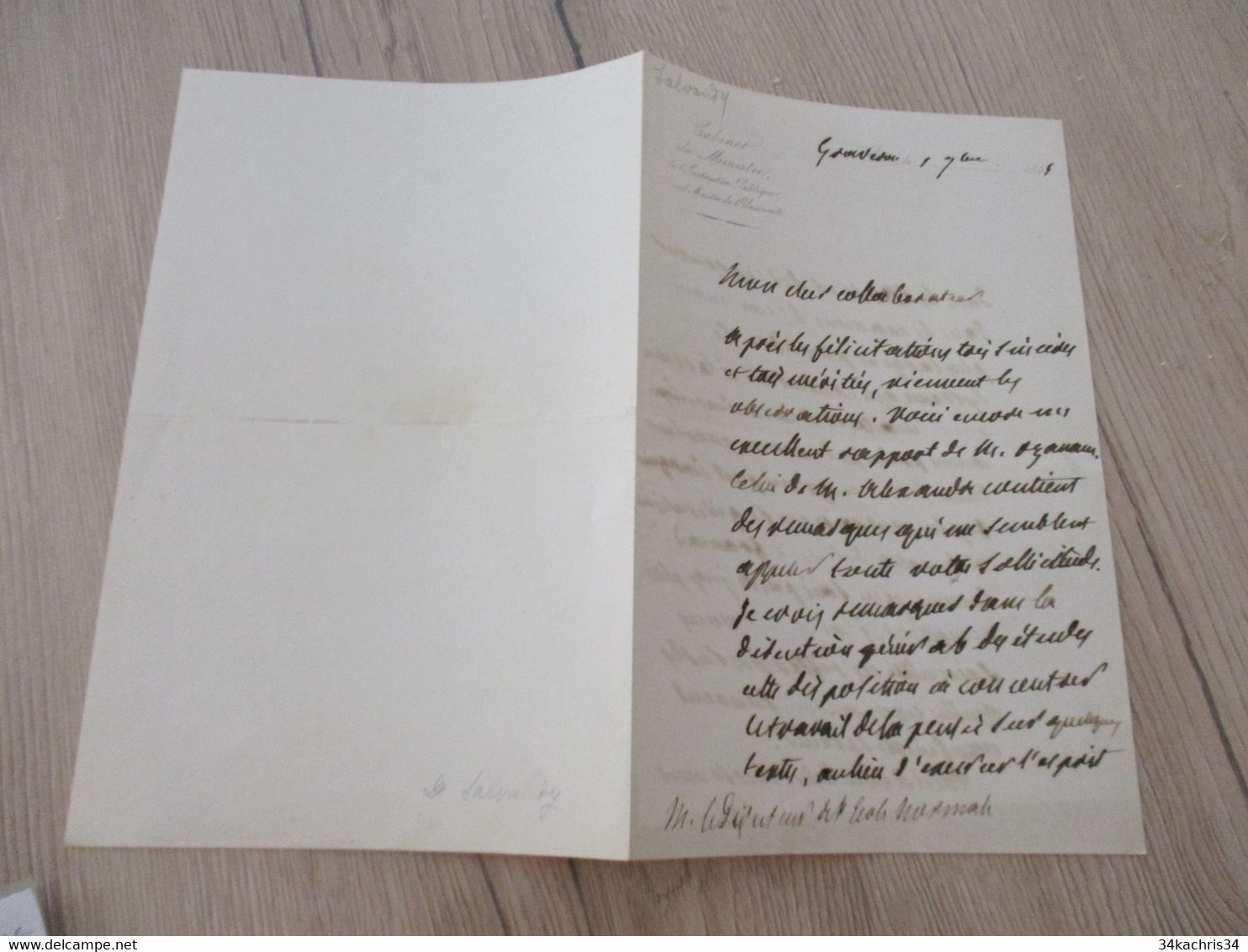 LAS Autographe Signée SALVANDY Cabinet Ministre 1843 à Propos D'enseignement Et Examen De L'école Menmac? - Other & Unclassified