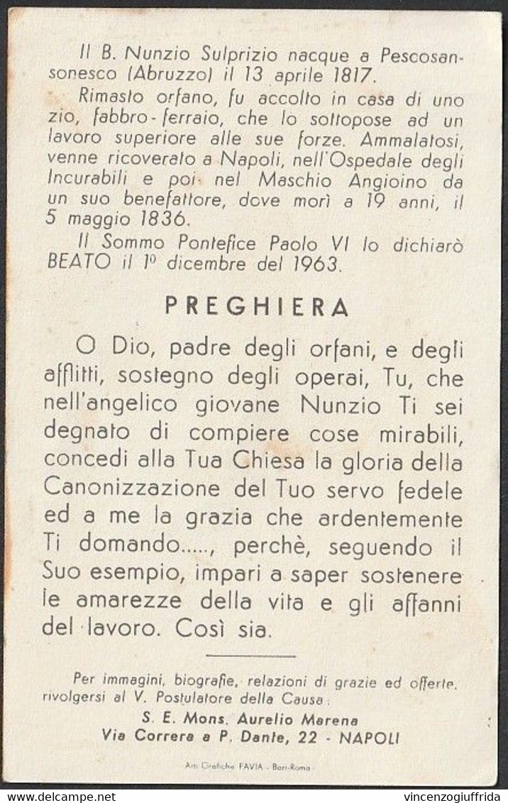 HOLY CARD -SANTINO, BEATO NUNZIO SULPRIZIO, NAPOLI, 1963, Cm 11,50x 7,50 Ca .perfetto - Santini