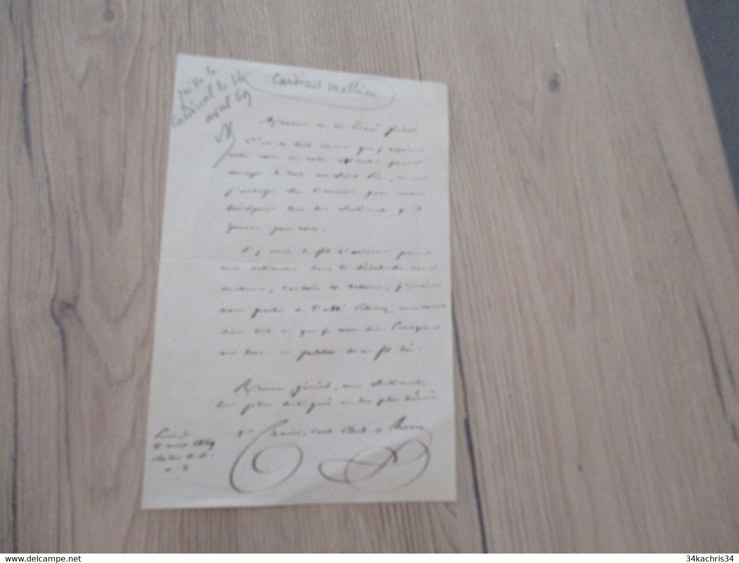 LAS Autographe Signée Cardinal Mathieu 1869 à Un Général Paris - Autres & Non Classés