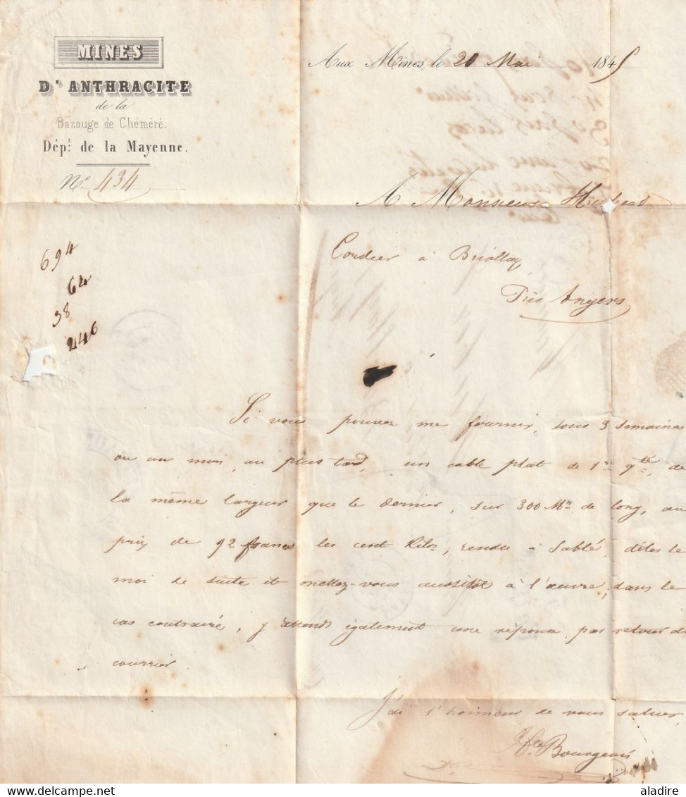 1845 - Cursive 51 VAIGES sur Lettre des mines d'anthracite de la Bazouge de Chéméré vers Briolhay près Angers