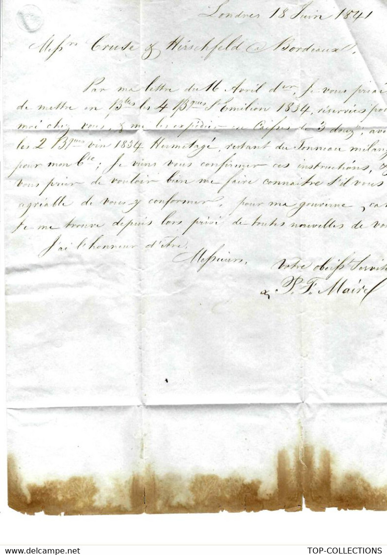 1841 LONDRES Pour Cruse Hirschfeld à Bordeaux VIN NEGOCE COMMERCE INTERNATIONAL V.SCANS+ HISTORIQUE Cf Balguerie - Regno Unito