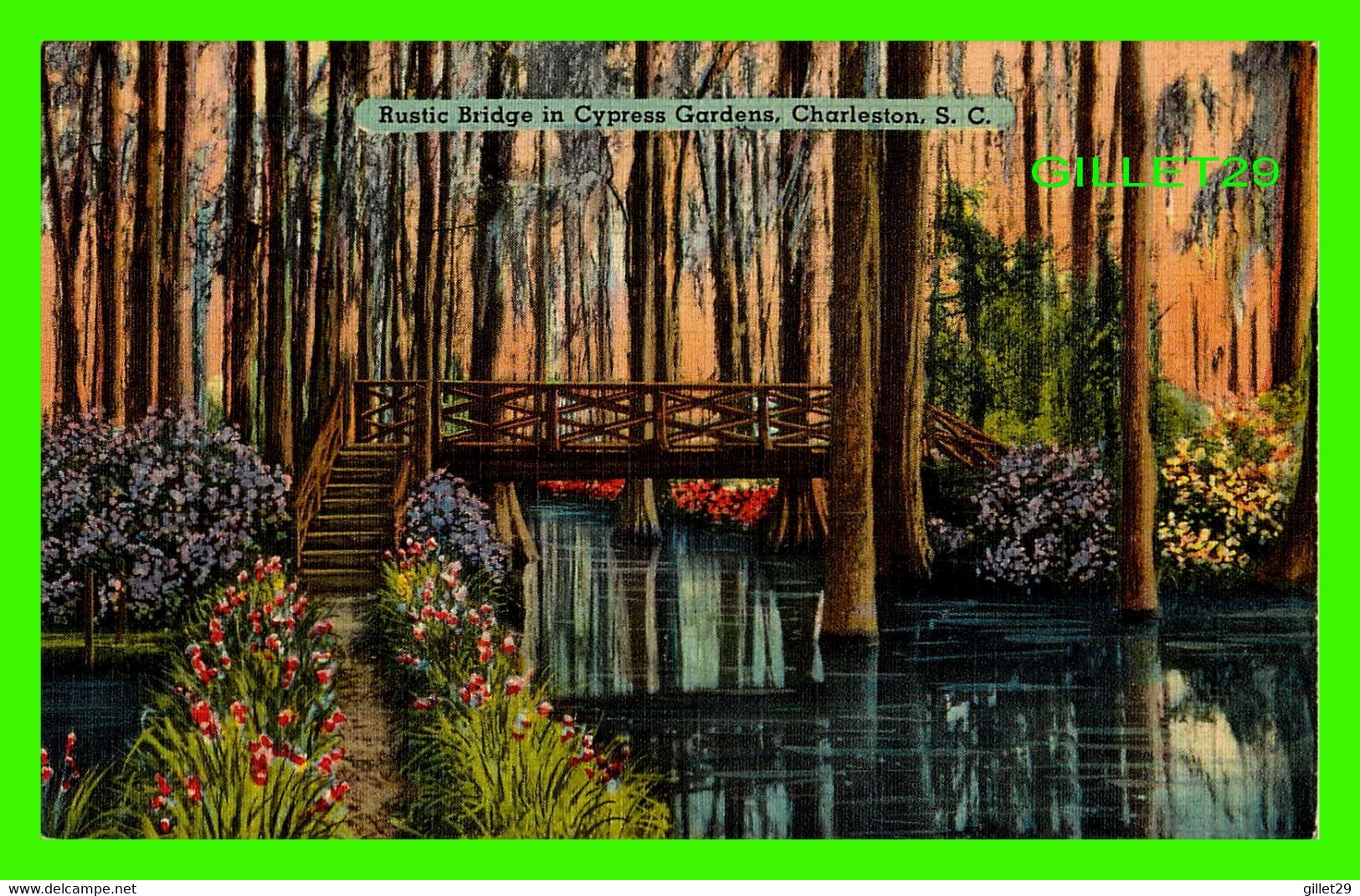 CHARLESTON, SC - RUSTIC BRIDGE IN CYPRESS GARDENS -  PUB. BY F. J. MARTSCHINK CO - - Charleston