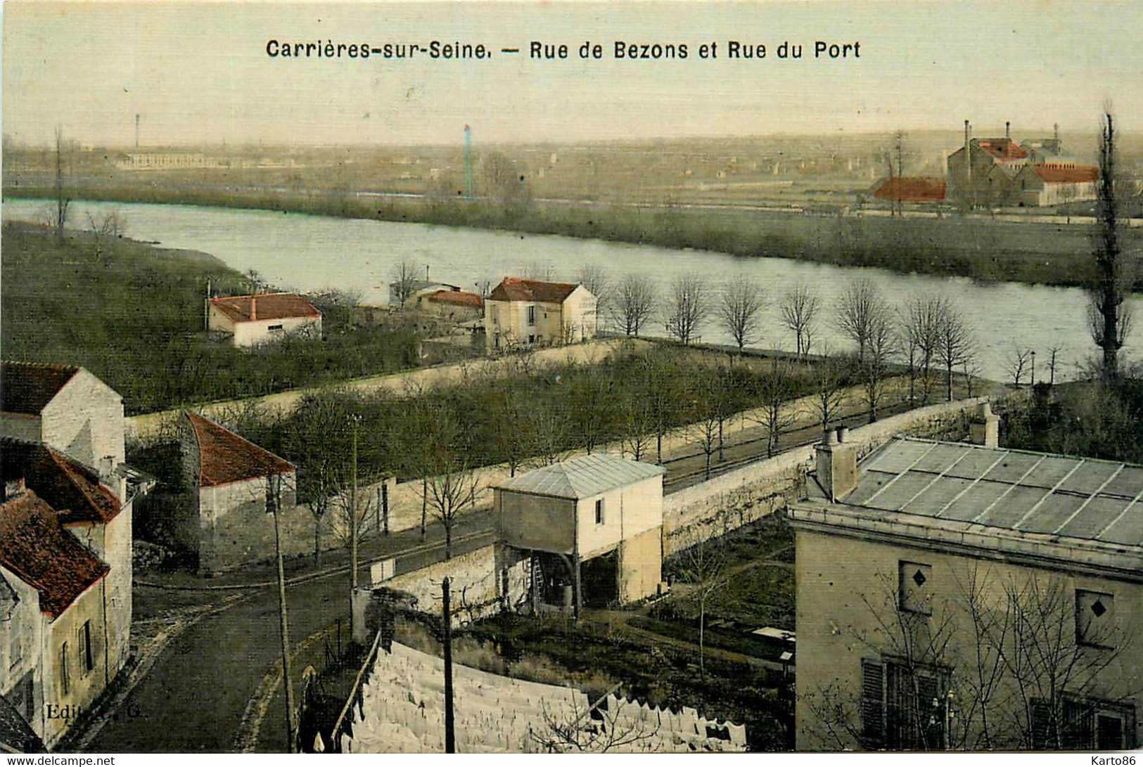 Carrières Sur Seine * La Rue De Bezons Et Rue Du Port * Cpa Toilée Colorisée - Carrières-sur-Seine