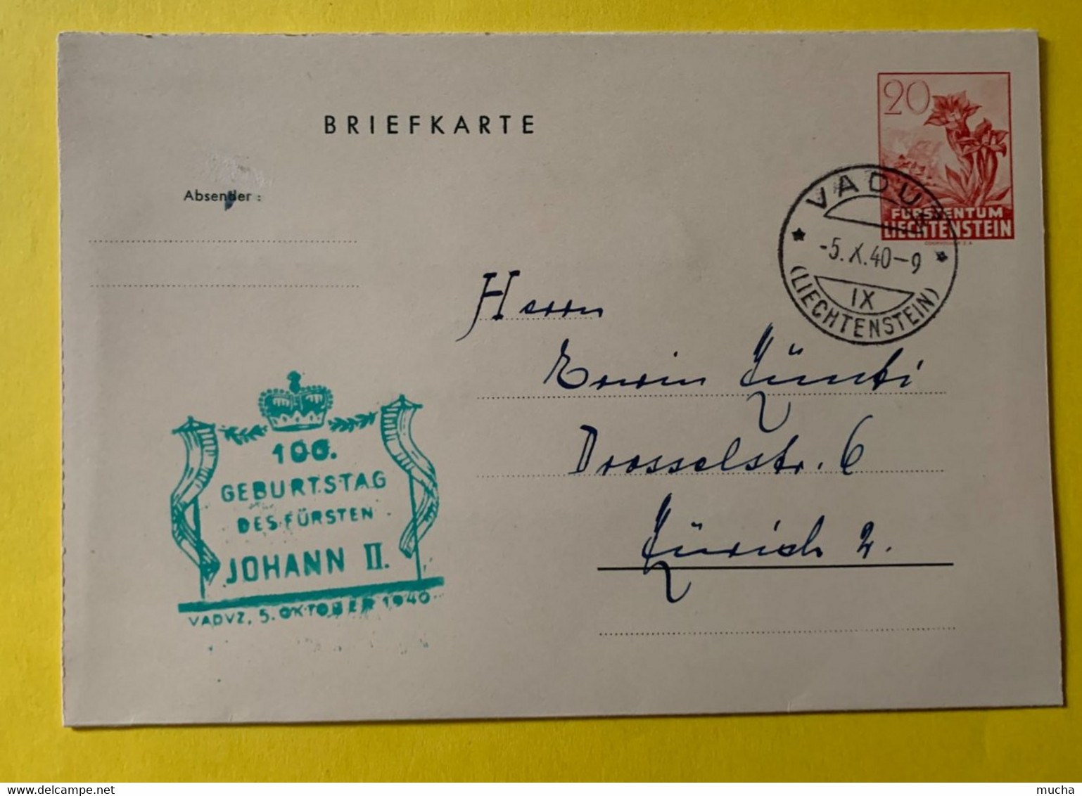 18078 -  Entier Postal Carte Lettre Schaan  Cachet 100. Geburstag Des Fürsten Johann II Vaduz 5.10.1940 - Entiers Postaux