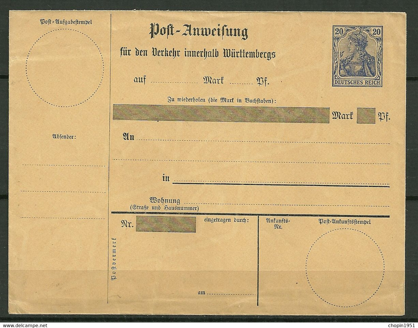 ALLEMAGNE - ENVELOPPE BON DE POSTE GERMANIA 20p Bleu - Other & Unclassified