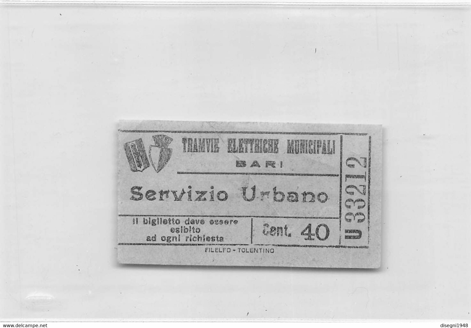 011512 "TRANVIE ELETTRICHE MUNICIPALI - BARI - SERVIZIO URBANO - CENT. 40 NR. U33212" BIGLIETTO TRASPORTO - Europe