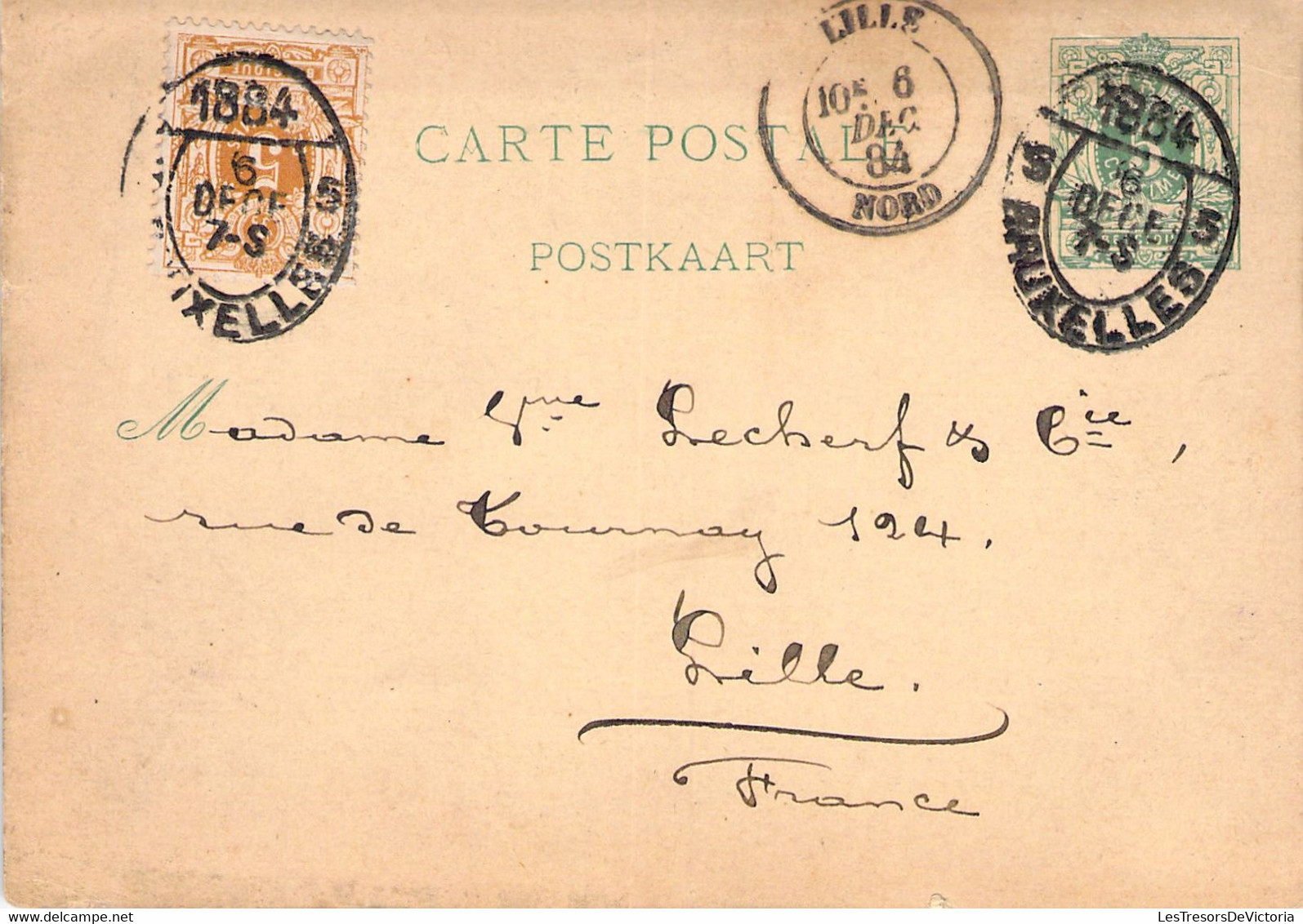 CP 17 Entier Postal + TP 28 Oblit Elliptique 1884 Bruxelles - Vers Lille Peu Courant En Service International - 1884-1891 Leopold II.