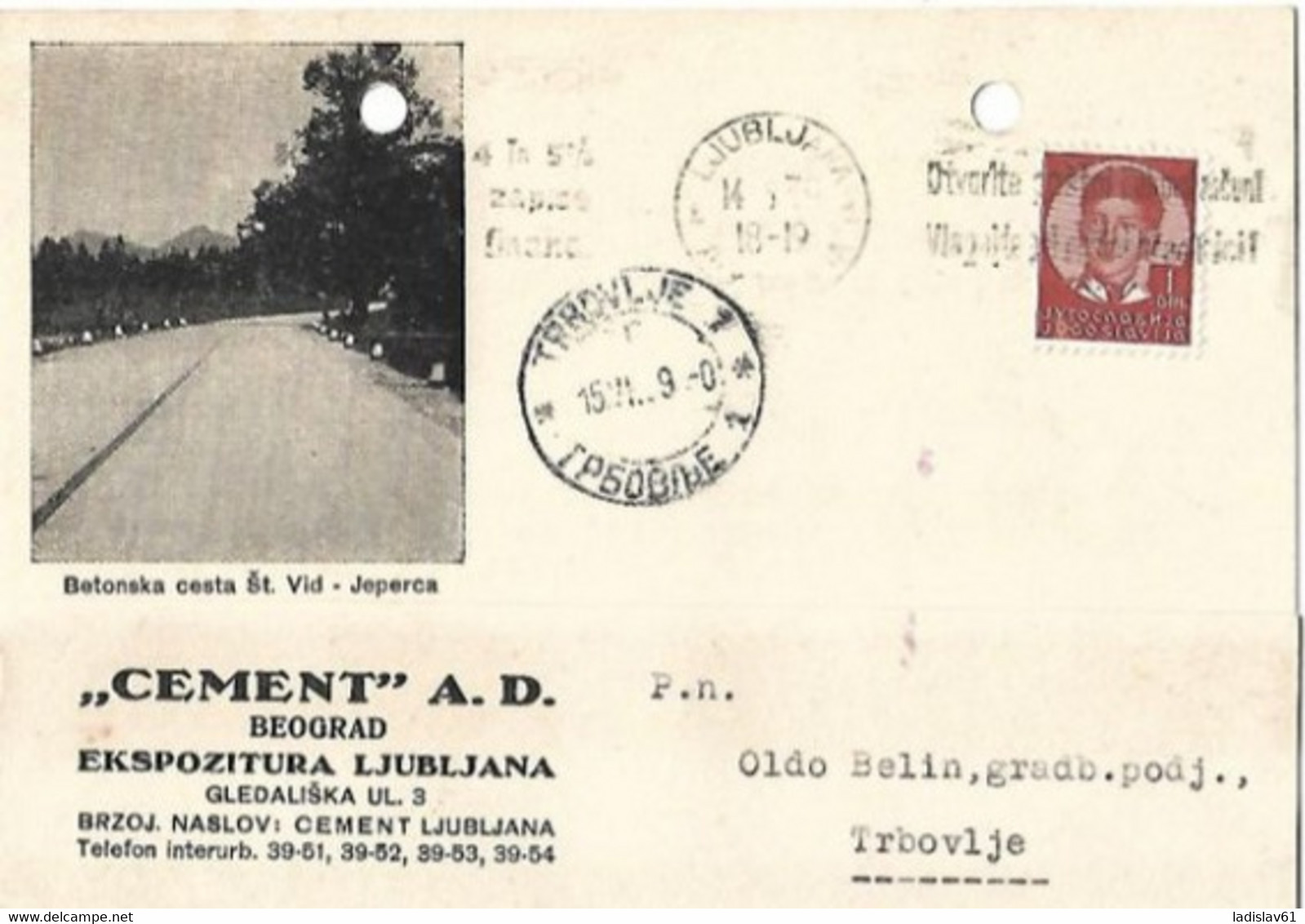 DOPISNICA:  "CEMENT" A.D. Beograd  EKSPOZITURA Ljubljana - Yugoslavia