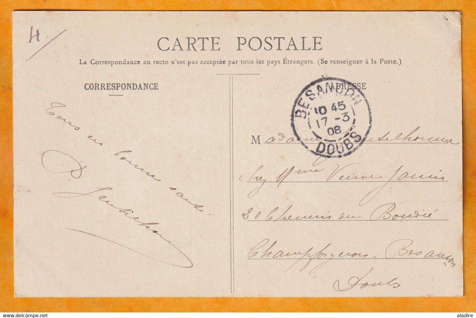 1908 - CPA De Saigon Central, Cochinchine Vers Besançon, France - Affranchissement 5 C - Cachet à Date D' Arrivée - Brieven En Documenten