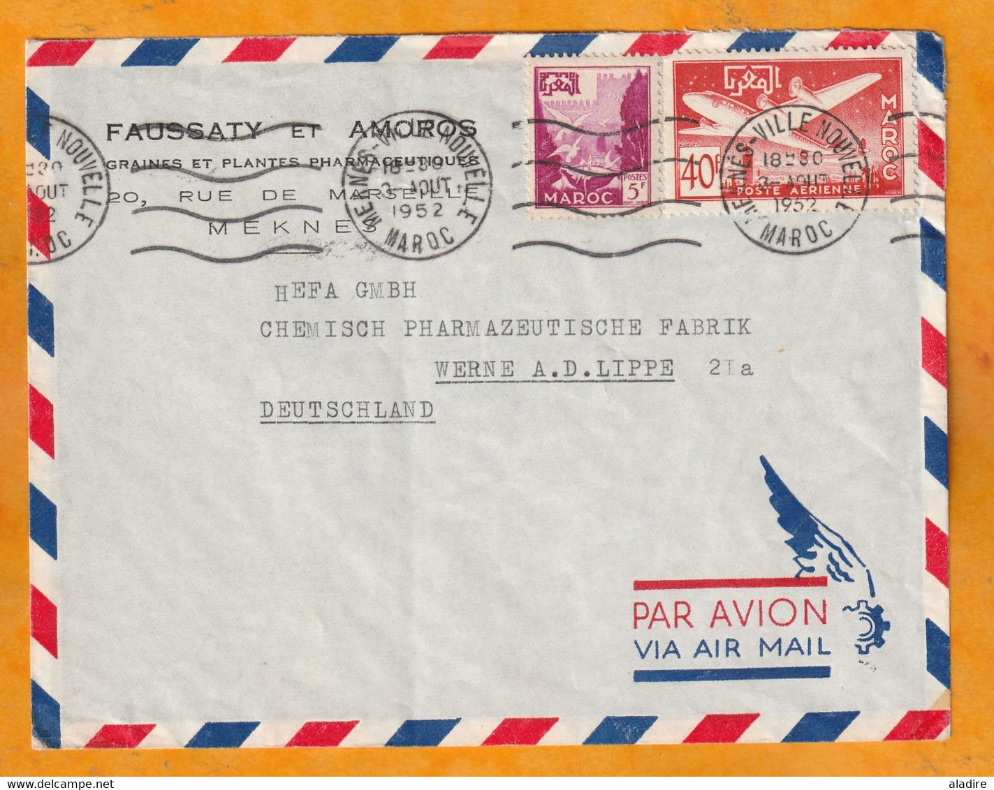 1952 - Enveloppe Par Avion De Meknes Ville Nouvelle Vers Werne,  Rhénanie-du-Nord-Westphalie, Allemagne - Affrt 45 F - Brieven En Documenten