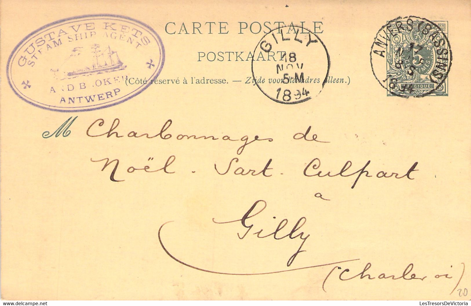 Entier Postal De Gilly à Anvers Bassins  1894 - Tampon Gustave Kets ANTWERP - Briefkaarten 1871-1909