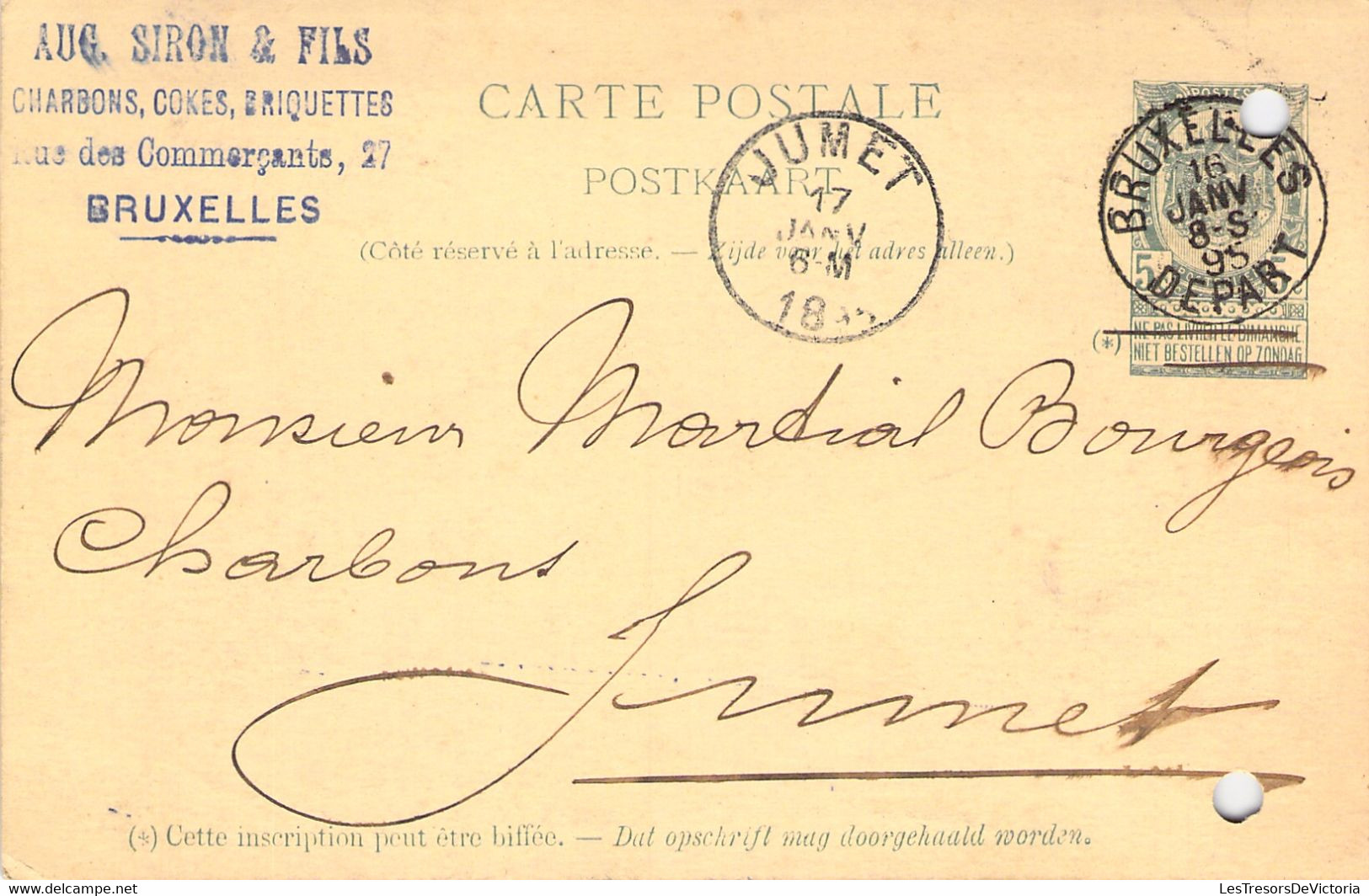 Entier Postal De Bruxelles à Jumet 1895 - Tampon Aug. Siron Et Fils - Griffe Téléphone - Postkarten 1871-1909