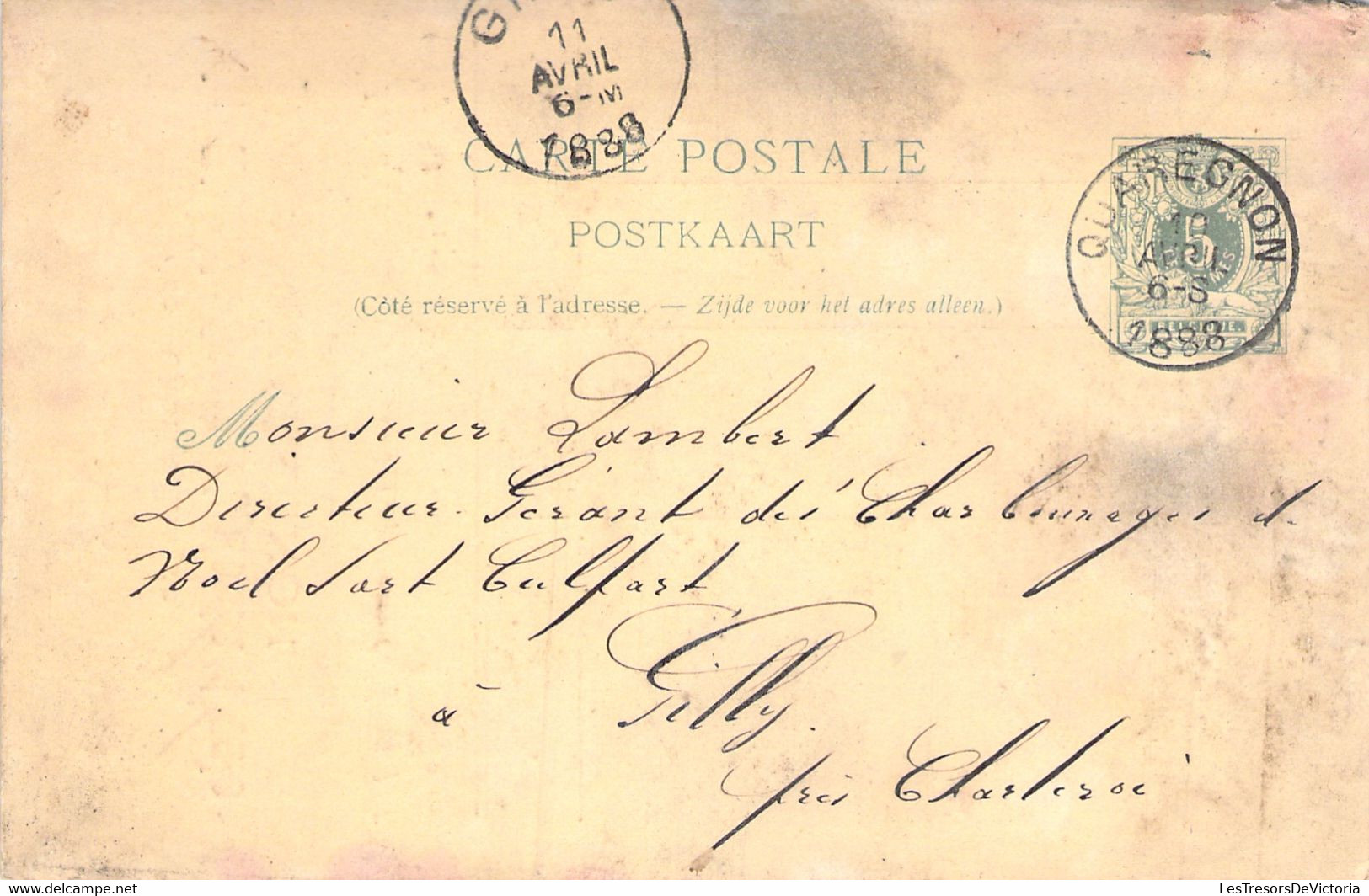 Entier Postal De Quaregnon à Gilly 1888 - Société Des Charbonnages Du Rieu Du Coeur Et De La Boule - Postkarten 1871-1909