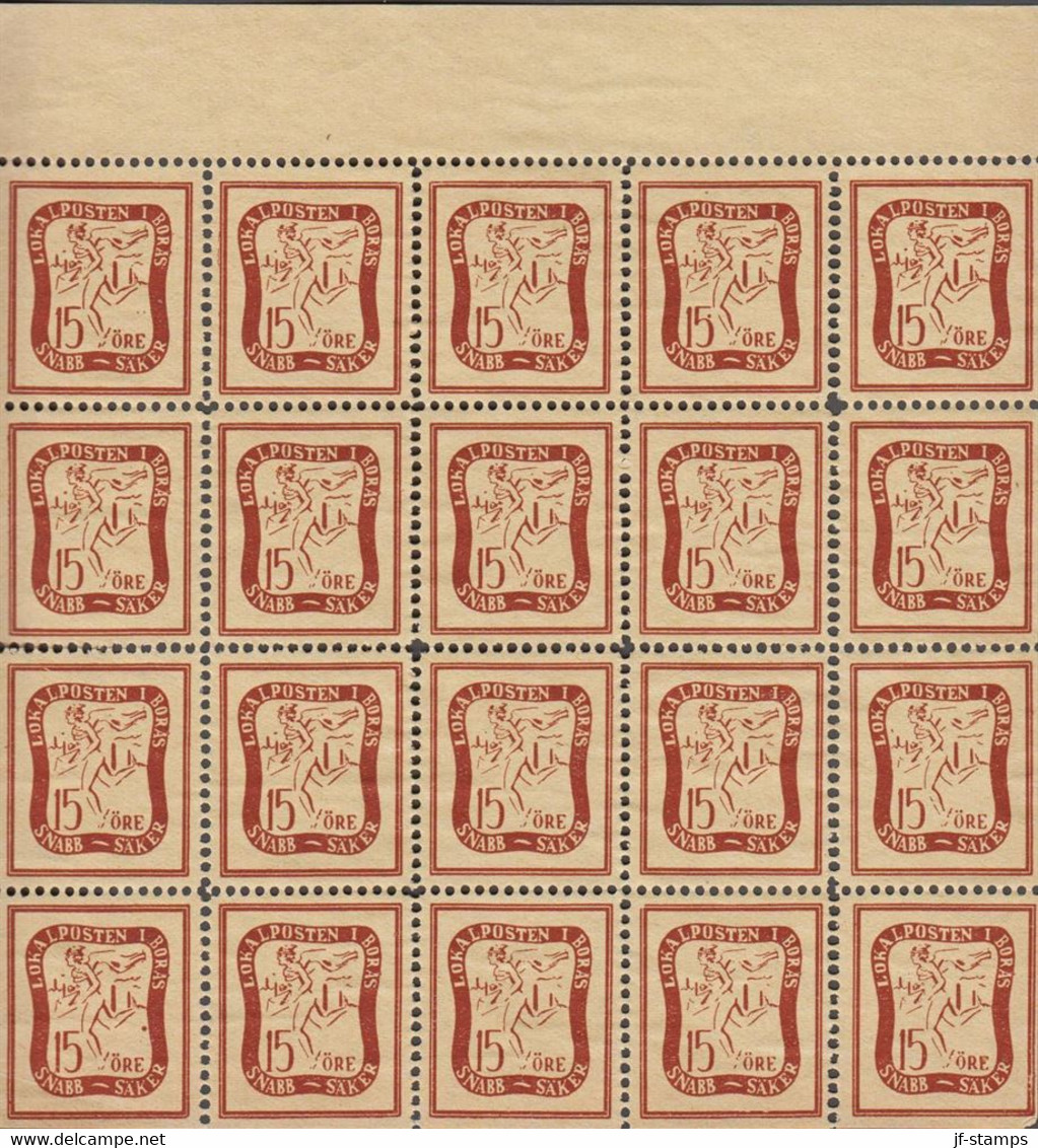 1945. SVERIGE LOKALPOSTEN I BORÅS 15 ÖRE In Complete Sheet With 20 Stamps. No Gum And A Few Loos Perfs. Un... - JF519368 - Ortsausgaben