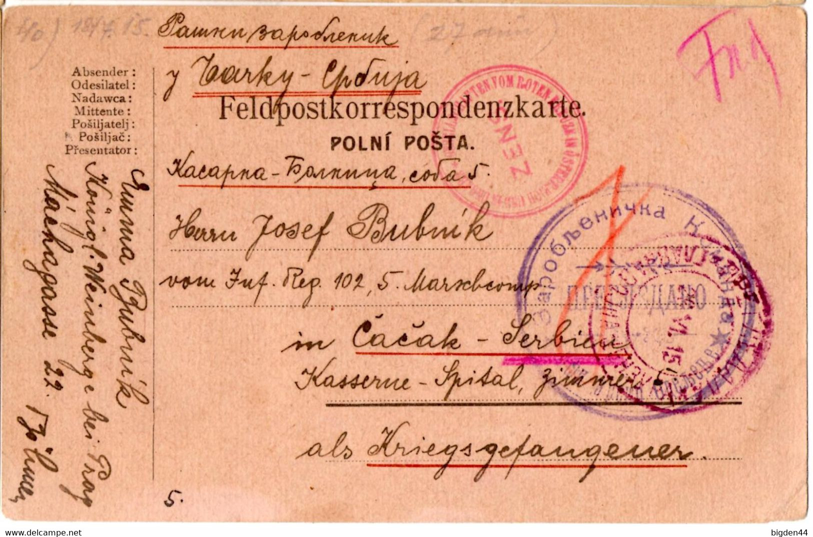 CP Feldpostkorrespondenzkarte (27.06.1915) Pour Cacak Serbie Censure Croix Rouge Prisonnier Pregledano - ...-1918 Préphilatélie