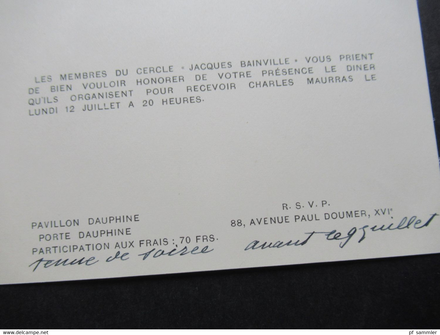 1920er / 30er Jahre Einladungskarte Les Membres Du Cercle Jacques Bainville Zum Diner Im Pavillon Dauphine Paris - Tickets D'entrée