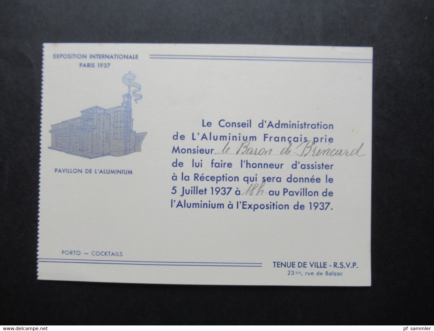 1937 Einladungskarte Exposition Internationale Paris 1937 Pavillon De L'Alluminium / Carte D'Entrée - Tickets - Vouchers