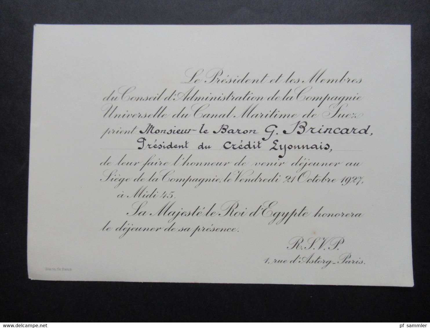 21.10.1927 Einladungskarte Dejeuner Avec Sa Majestre Roi D'Egypte / Le President Compagnie Du Canal Maritime De Suez - Tickets - Vouchers