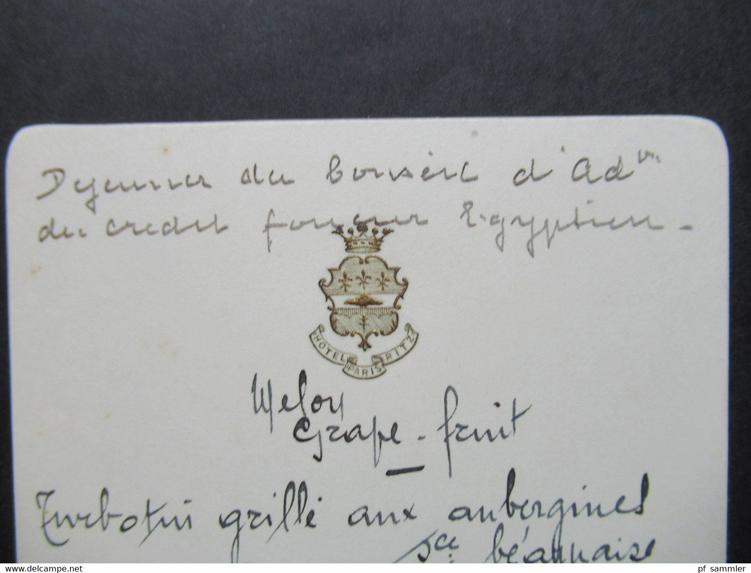 28.9.1937 Handschriftliche Menükarte Dejeuner Du Conseil D'Egyptien Im Hotel Ritz Paris / Geprägtes Wappen / Logo - Menükarten