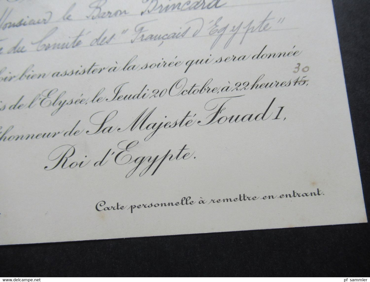 1920er Jahre Einladungskarte vom Präsident Gaston Doumergue zum Besuch Sa Majestre Fouad 1. Roi d'Egypte in Paris