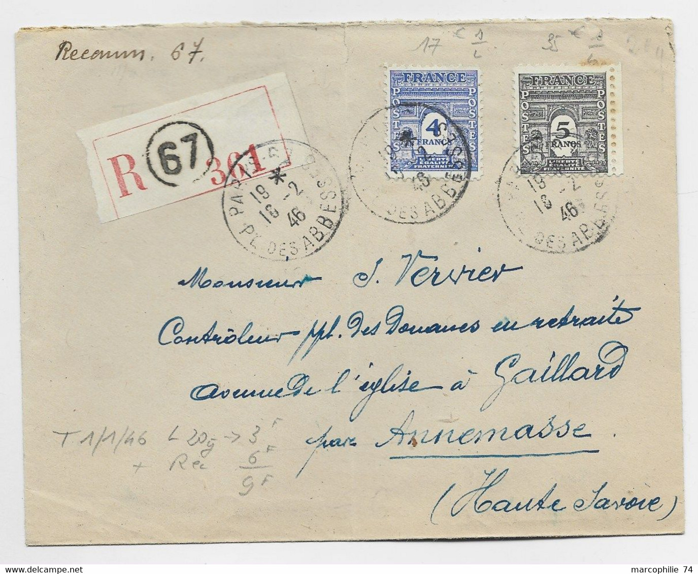 FRANCE ARC TRIOMPHE 4FR+5FR LETTRE REC PARIS 16.2.1946 AU TARIF - 1944-45 Arco Di Trionfo