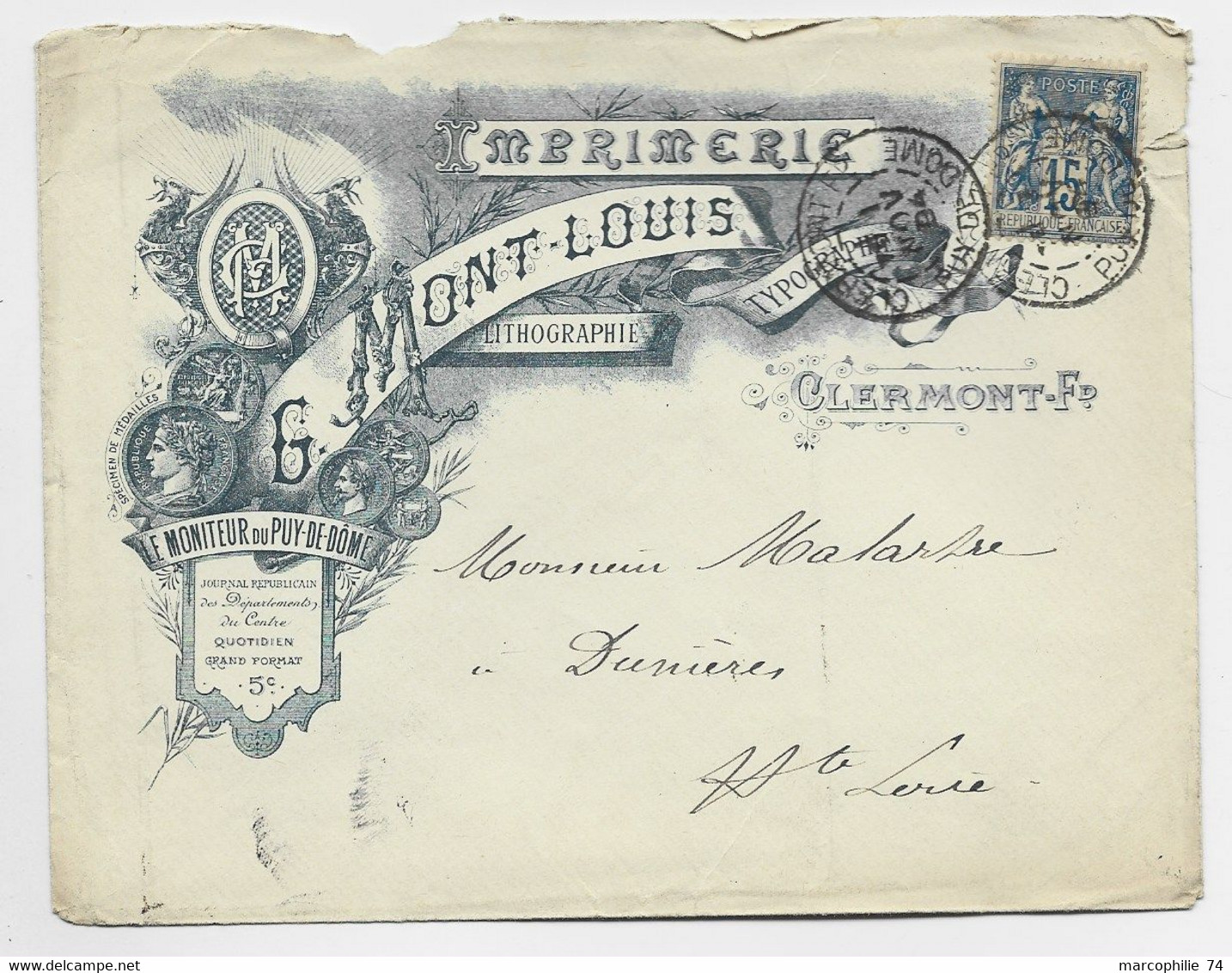 FRANCE SAGE 15C BELLE ENVELOPPE ENTETE IMPRIMERIE G MONT LOUIS LTHO TYPO CLERMONT FD PUY DE DOME 1894 - 1877-1920: Periodo Semi Moderno