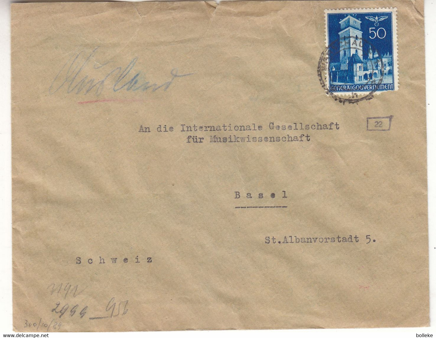 Allemagne - Pologne - Generalgouvernement - Lettre De 1942 ° - Oblit Warschau - Exp Vers Basel - Valeur 25 Euros - Occupazione 1938 – 45