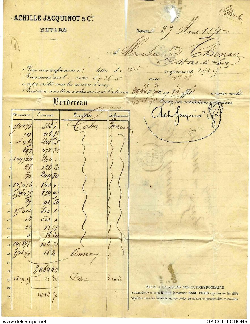 1875 TIMBRES CERES oblitérés 30 cent. & 40 cent..gros chiffres 2654 NEVERS pour Cosne sur Loire Nièvre entête bordereau