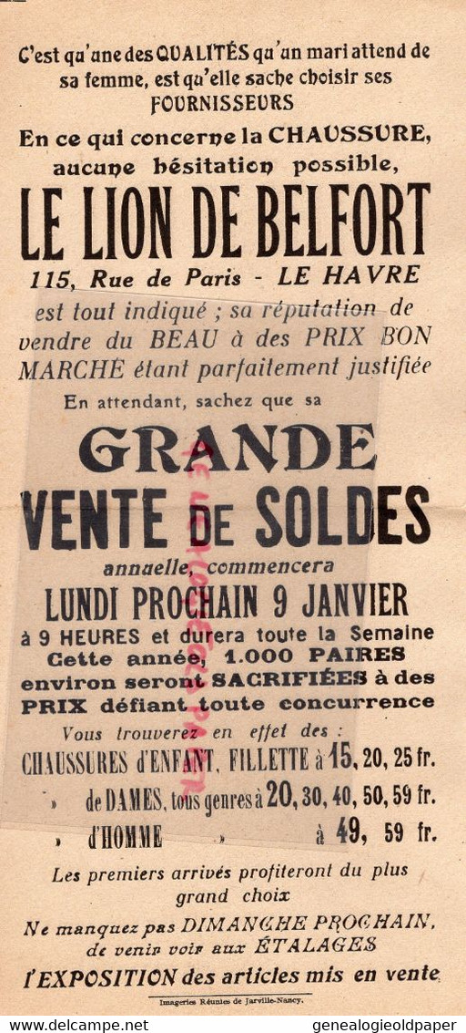 76-  LE HAVRE- PUBLICITE MARIAGE CHAUSSURE LE LION DE BELFORT - 115 RUE DE PARIS-IMPRIMERIE JARVILLE NANCY - Reclame