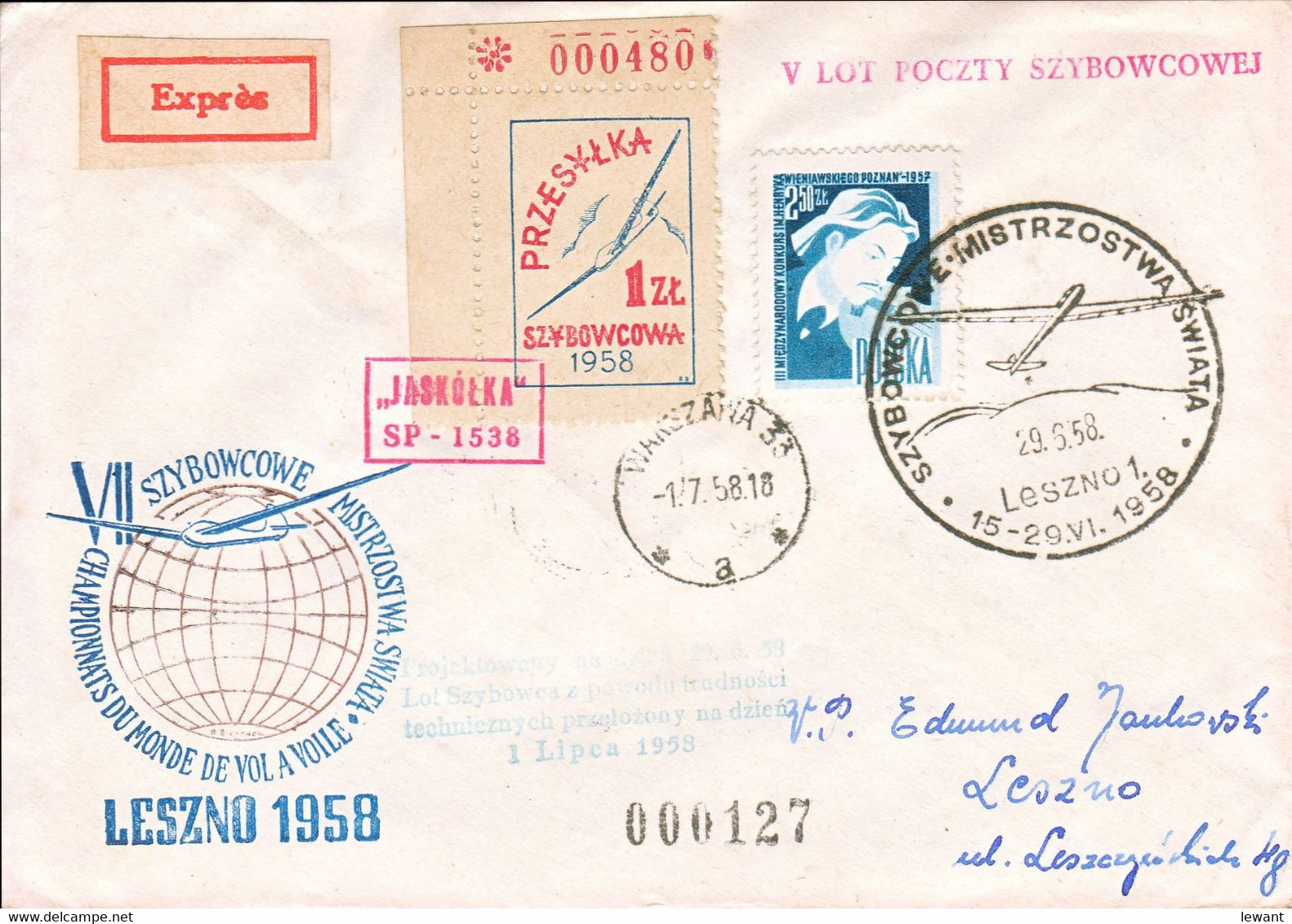 1958 - V Glider Mail Flight - Glider JASKOLKA SP 1538 (Swallow) - 000127 - Planeadores