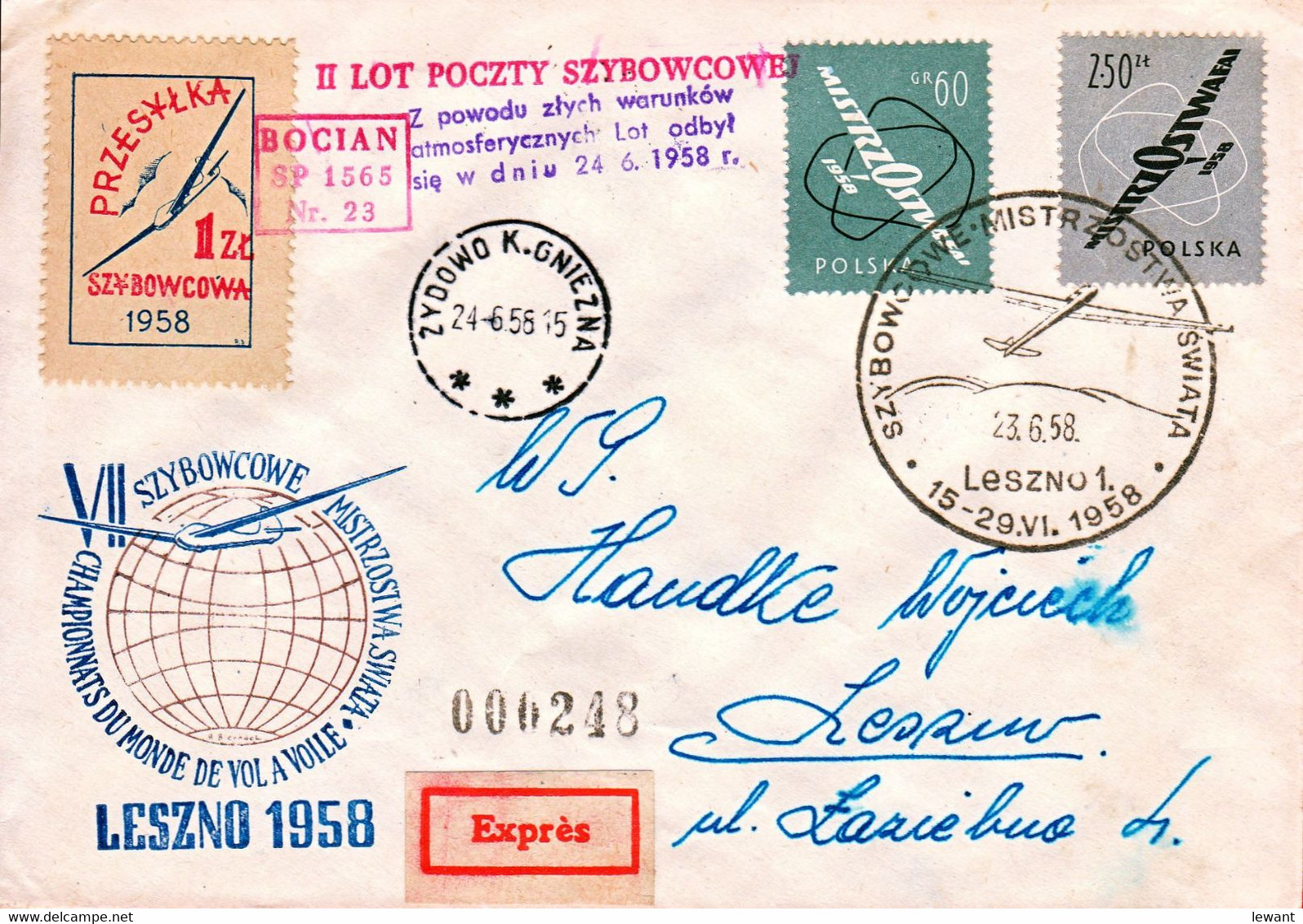 1958 - II Glider Mail Flight - Glider BOCIAN SP 1565 (Stork) - 000248 - Planeurs