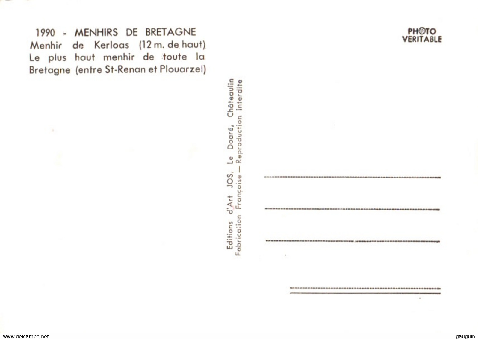 CPA - MÉGALITHE - MENHIR De KERLOAS Entre St Renan Et Plouarzel ... Edition Jos Le Doaré - Dolmen & Menhirs