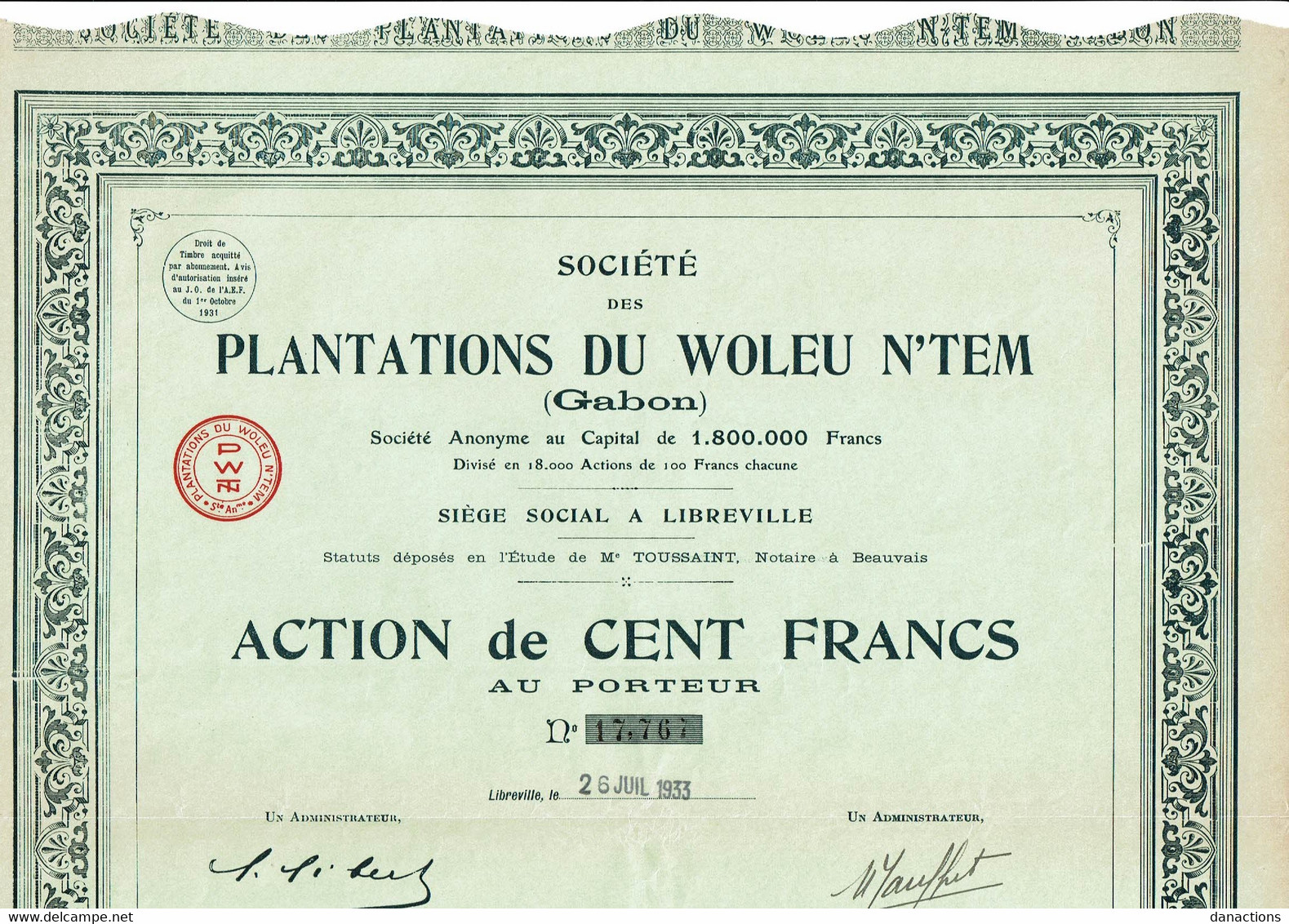 GABON. PLANTATIONS DU WOLEU N'TEM.. STE DES ... - Sonstige & Ohne Zuordnung