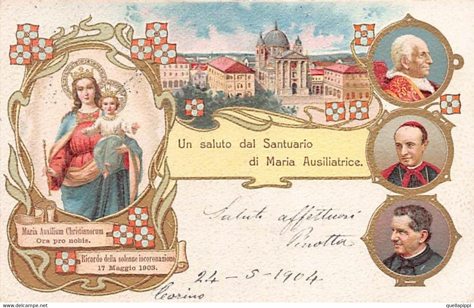 014157 "TORINO - UN SALUTO DAL SANTUARIO DI MARIA AUSILIATRICE" IMMAGINE RELIGIOSA, CART SPED 1904 - Churches