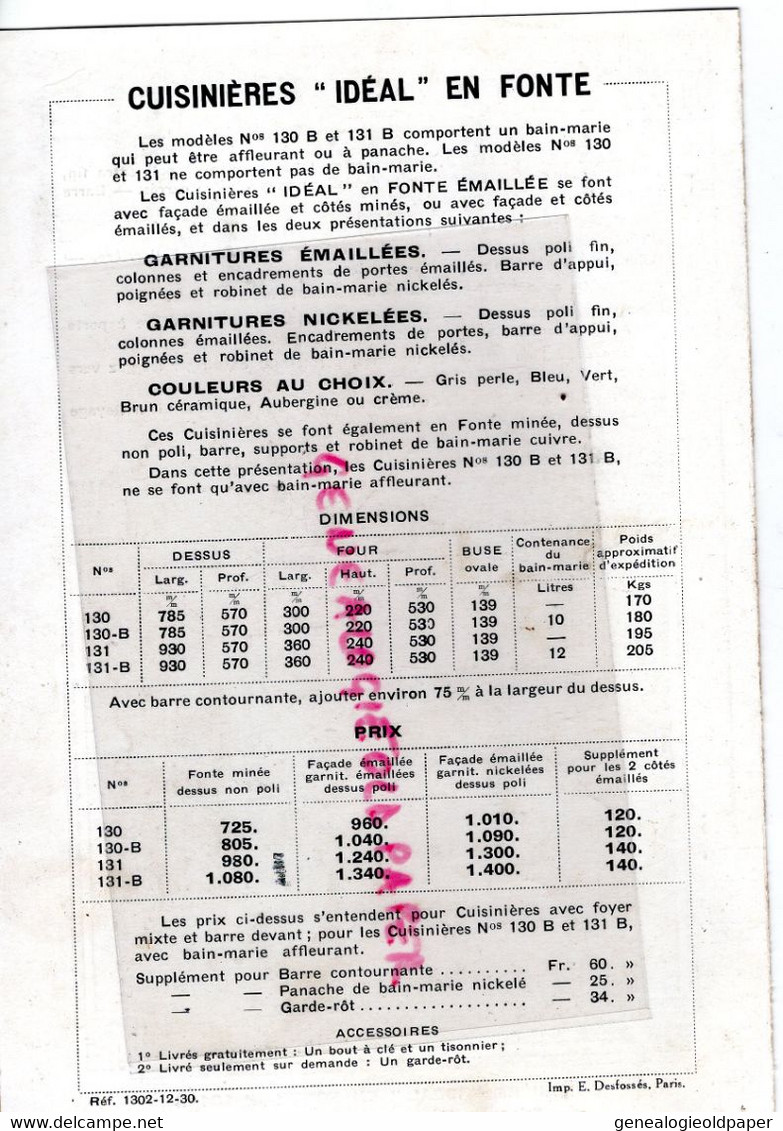 13-MARSEILLE- 69-LYON-59-LILLE-75-PARIS-PUBLICITE CUISINIERES IDEAL EN FONTE-COMPAGNIE NATIONALE RADIATEURS-CUISINIERE - Werbung