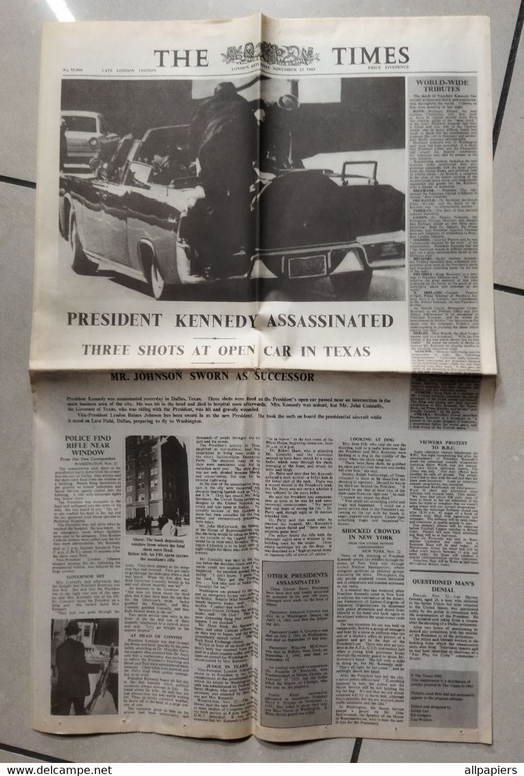 Journal The Times N°55866 President Kennedy Assassinated Three Shots At Open Car In Texas 23 November 1963 - Histoire