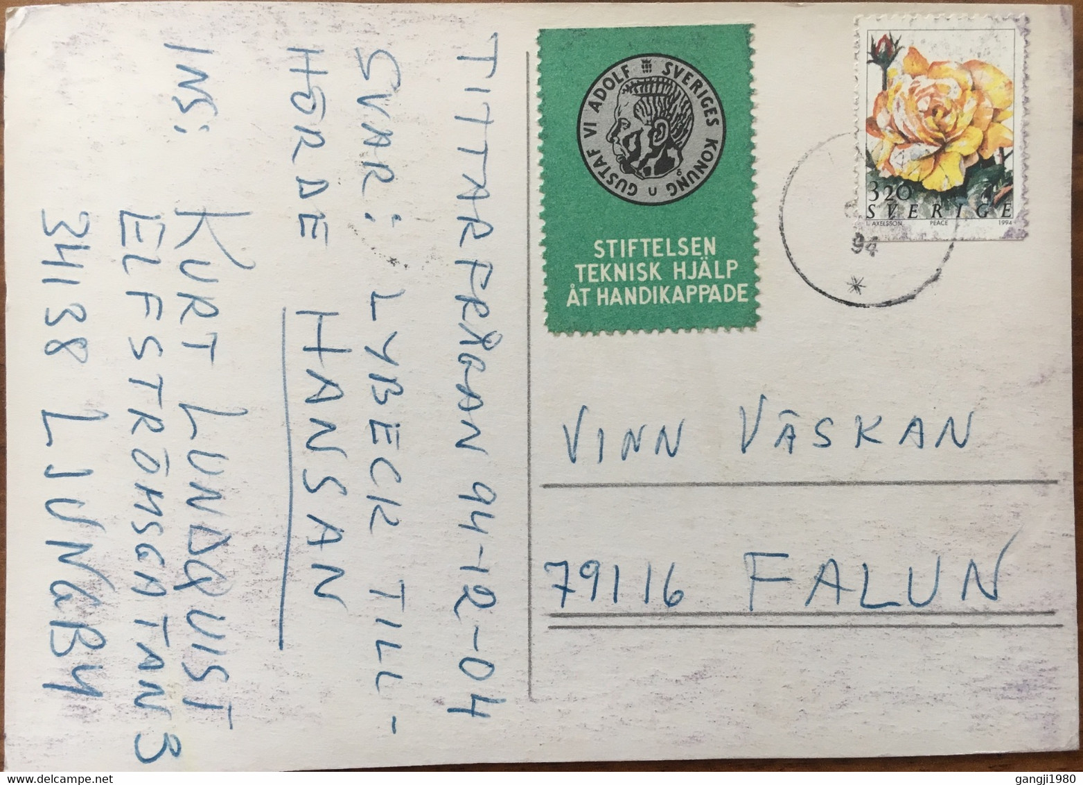 SWEDEN 1994, VIGNETTE KING GUSTAF VIADOLE ,STIFTELSEN IEKNISK HIJALP AT HANDIKAPPADE CINDRELA ,RELLOW ROSE STAMP ON POST - Storia Postale