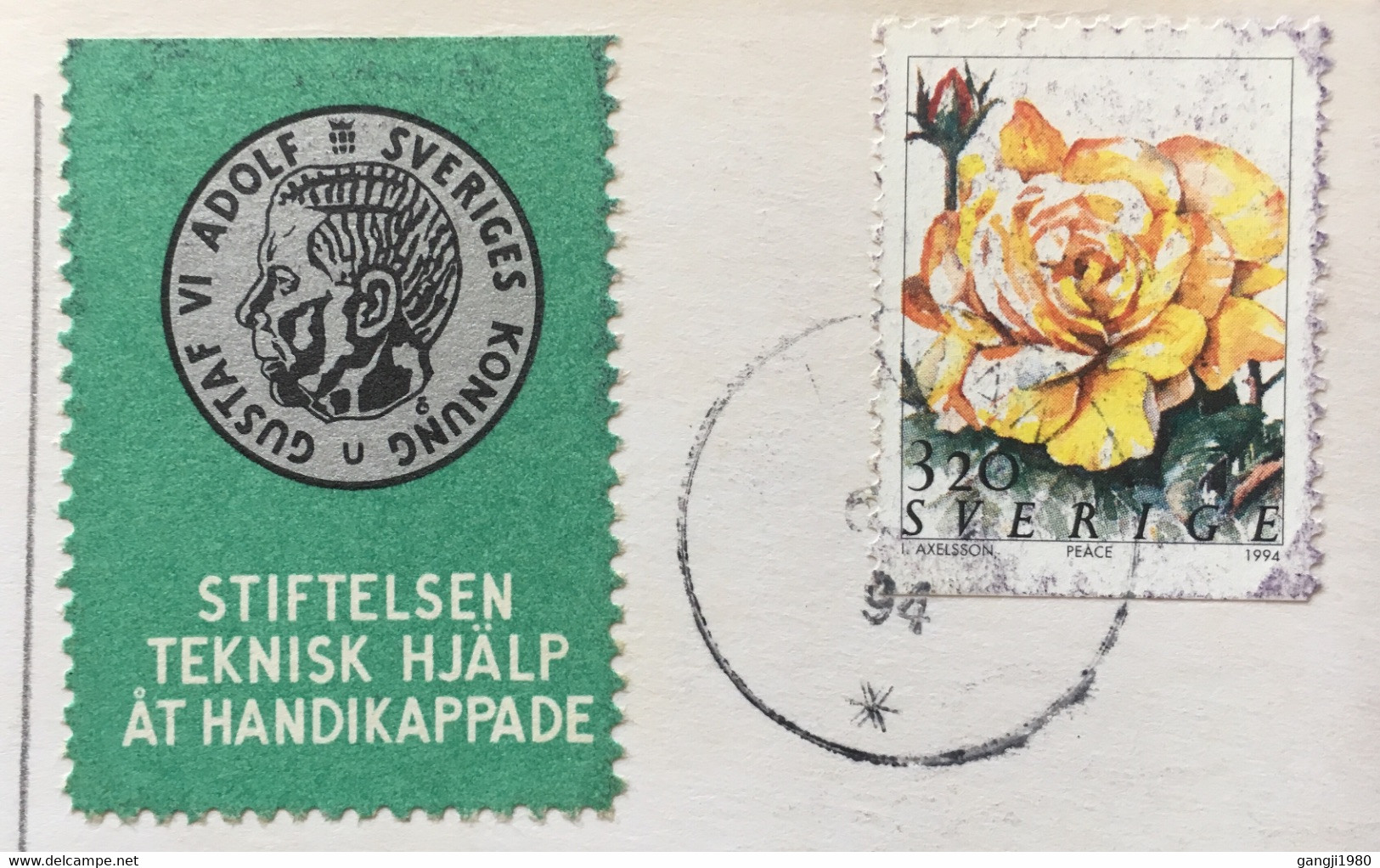 SWEDEN 1994, VIGNETTE KING GUSTAF VIADOLE ,STIFTELSEN IEKNISK HIJALP AT HANDIKAPPADE CINDRELA ,RELLOW ROSE STAMP ON POST - Storia Postale