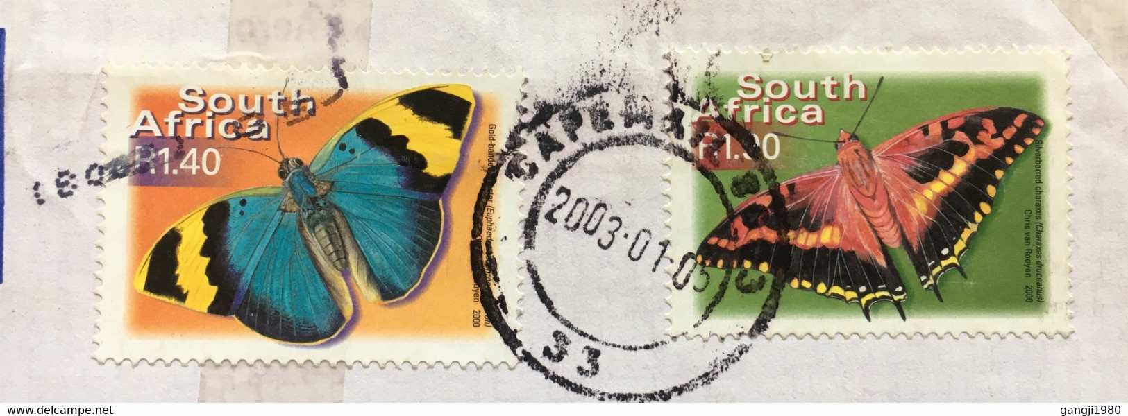 SOUTH AFRICA 2003, AIRMAIL COVER 2 DIFFERENT BUTTERFLY STAMPS ,CAPETOWN CITY TO INDIA - Brieven En Documenten