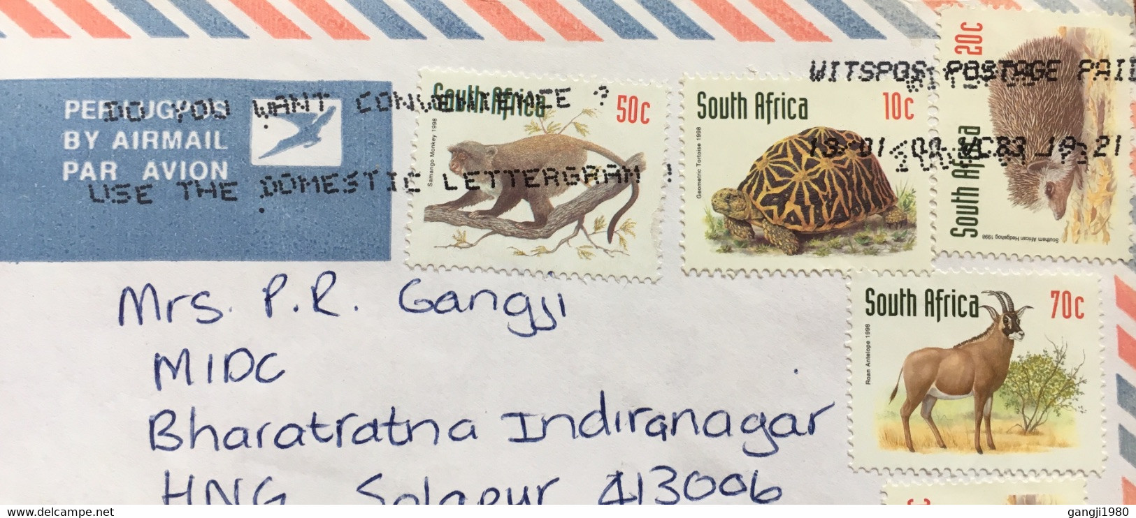 SOUTH AFRICA 2000, 8 STAMPS ALL ANIMALS !! MONKEY ,TORTISE ,DEER SLOGAN ,DO YOU WANT CONVIENCE ,U.S.A. THE DOMESTIC LETT - Cartas & Documentos