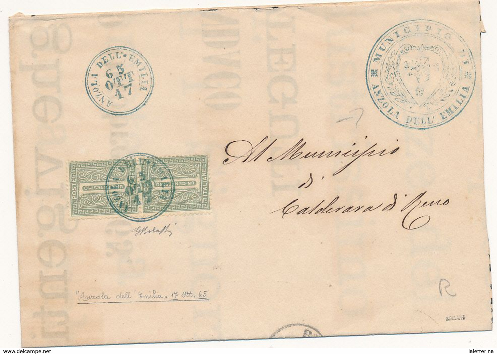 1865 ANZOLA DELL'EMILA CERCHIO PICCOLO DI COLLETTORIA RURALE SU COPPIA 0,01 DE LA RUE FTA  BOLAFFI - Poststempel