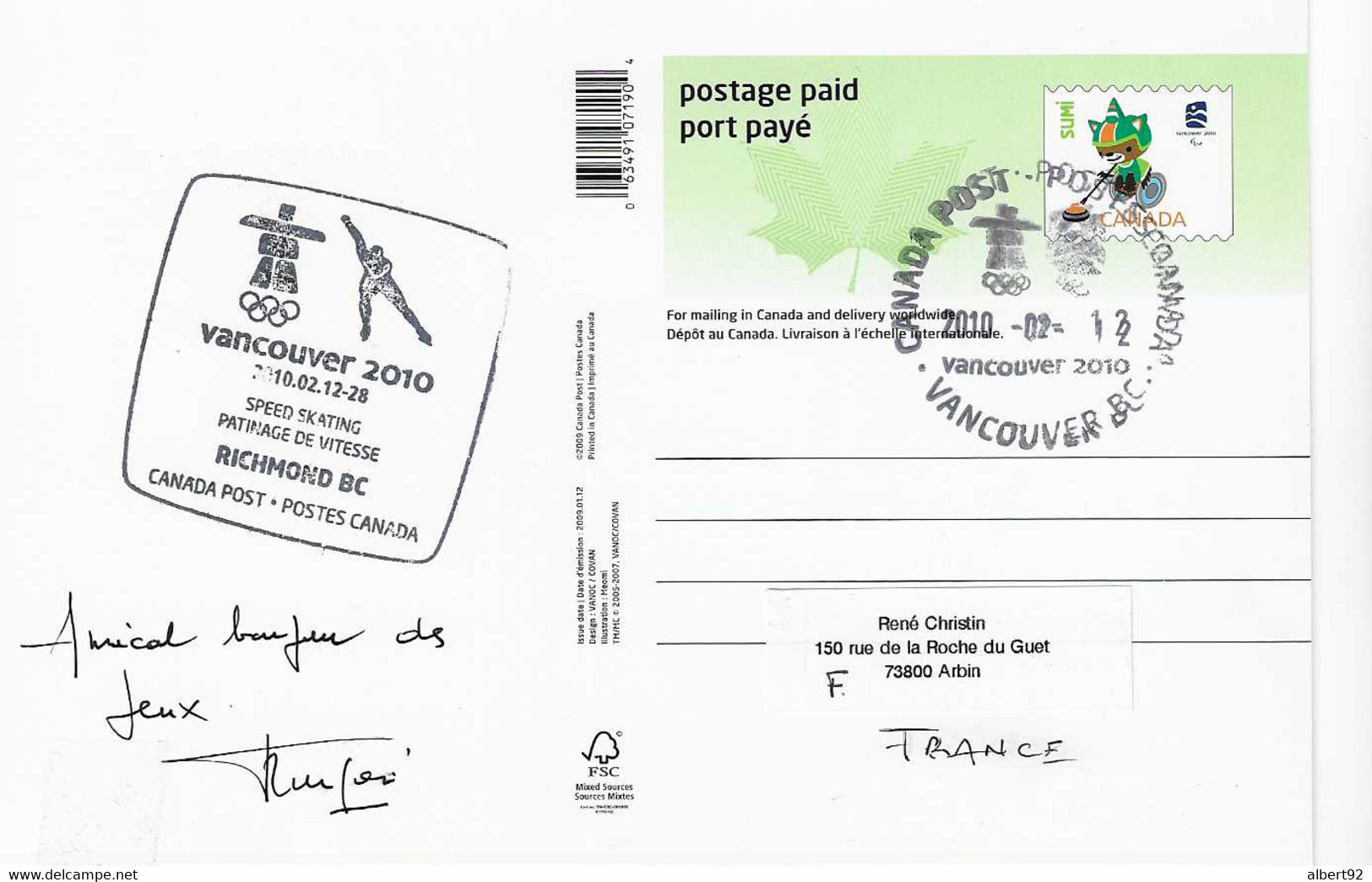 2010 Jeux Olympiques D'Hiver De Vancouver: Patinage De Vitesse (entier Postal Olympique) - Winter 2010: Vancouver