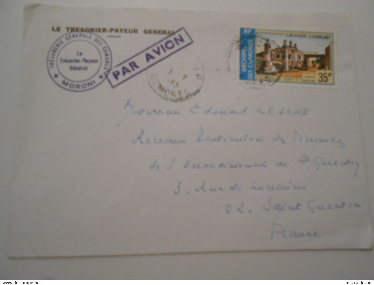 France Ex-colonies Comores, Lettre  De Moroni 1973 Pour Saint Quentin ( Cachet Faible ) - Briefe U. Dokumente