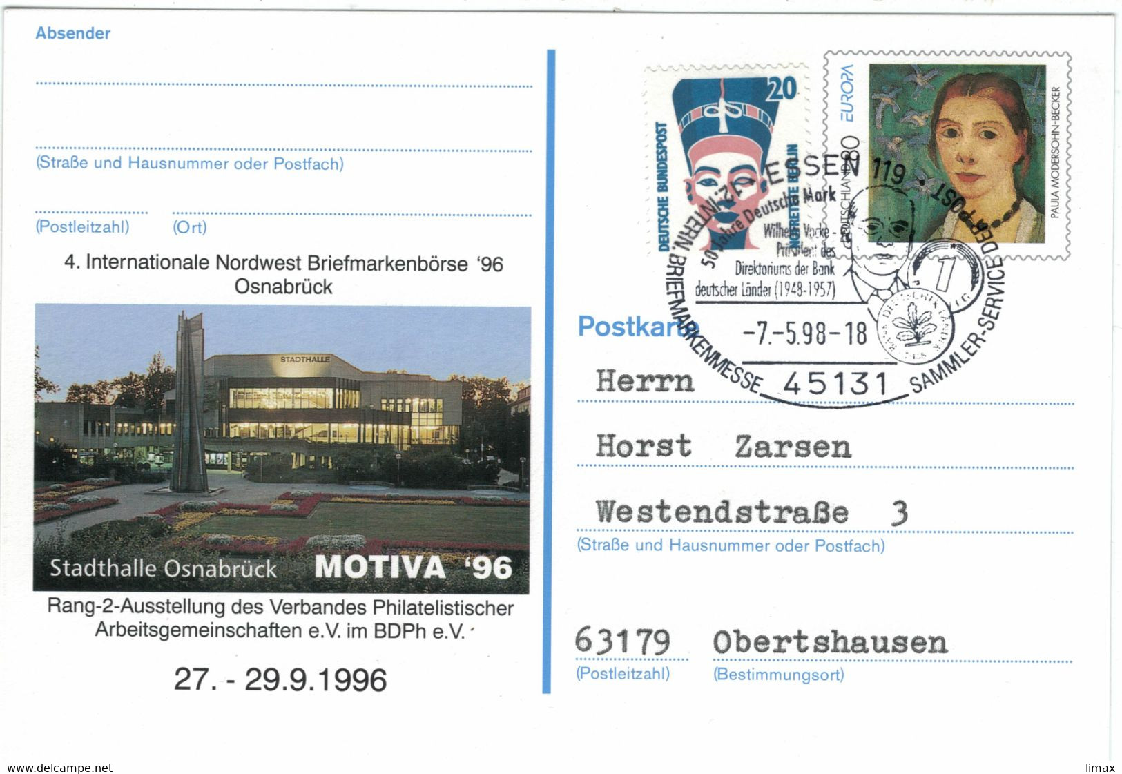 Wilhelm Vocke Banker Präsident Bank Deutscher Länder - BIZ Basel - Essen 1998 Modersohn-Becker Nofretete - Private Postcards - Used