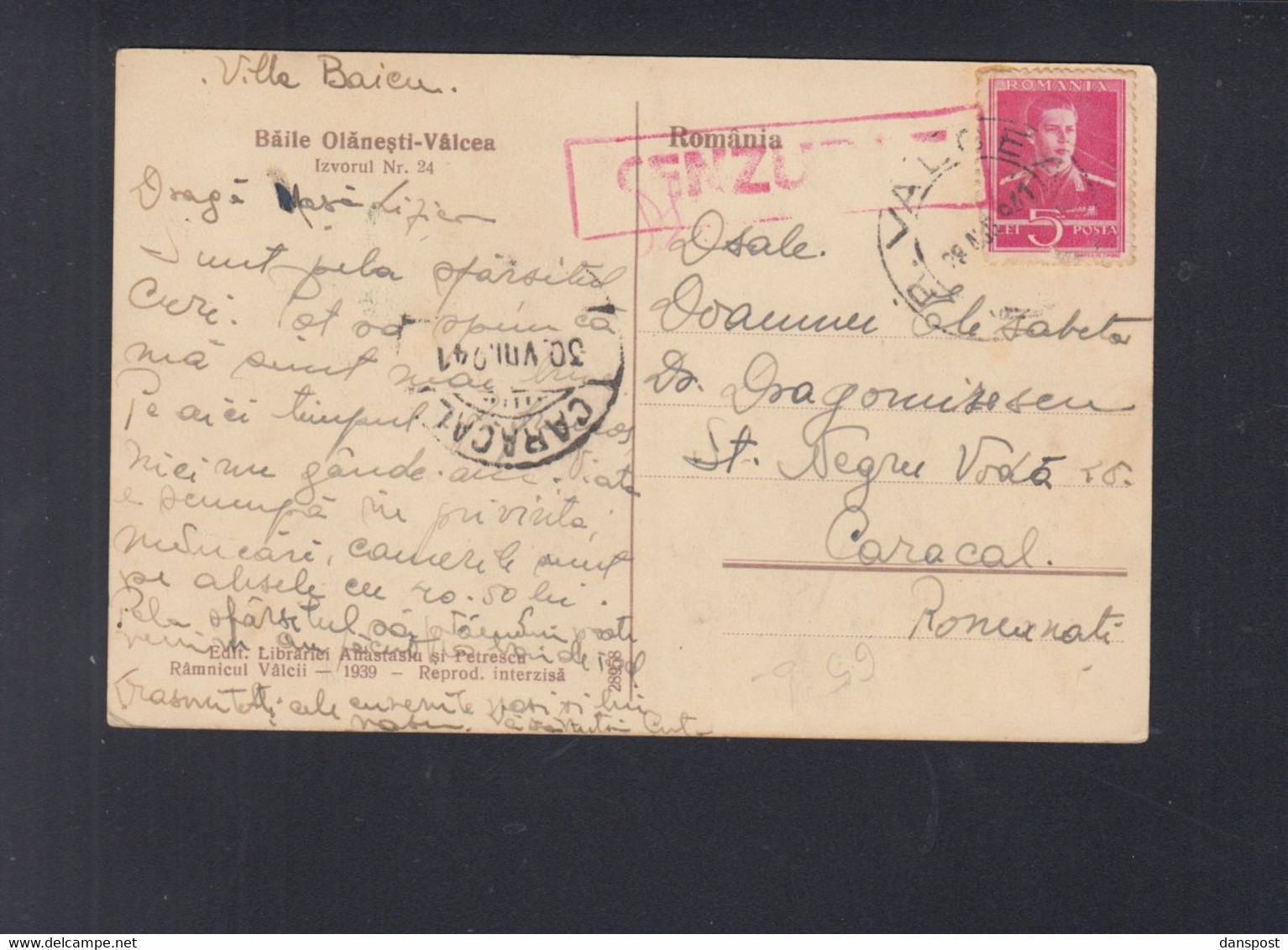 Rumänien Romania AK Baile Olanesti 1941 Valcea Nach Caracal - 2. Weltkrieg (Briefe)